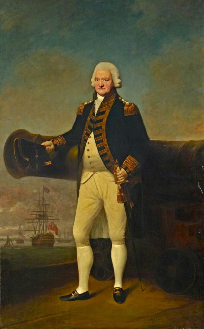 Color portrait of Admiral Sir Peter Parker in front of a cannon with Royal Navy ships in background