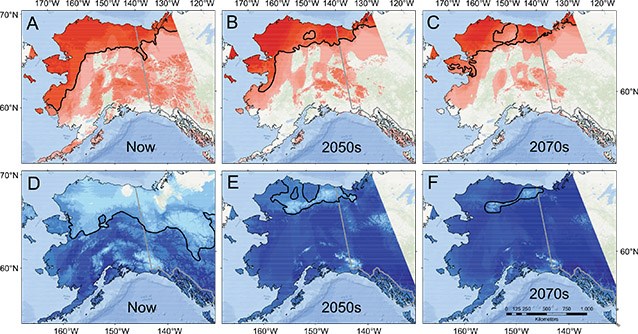 six maps of alaska tinted with varying shades of red and blue