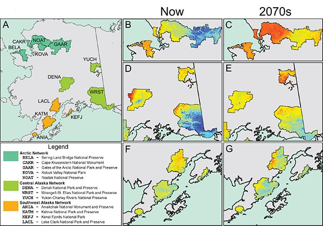 various maps of alaska with shading indicating various national parks