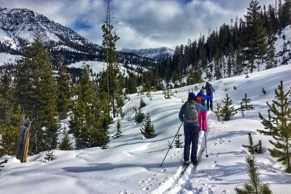 three people cross country ski in snowy mountains