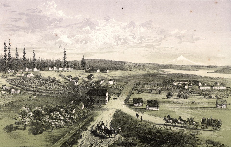 Lithograph showing the fort on a lower plain and a row of military buildings and cannons on a hill to the north.