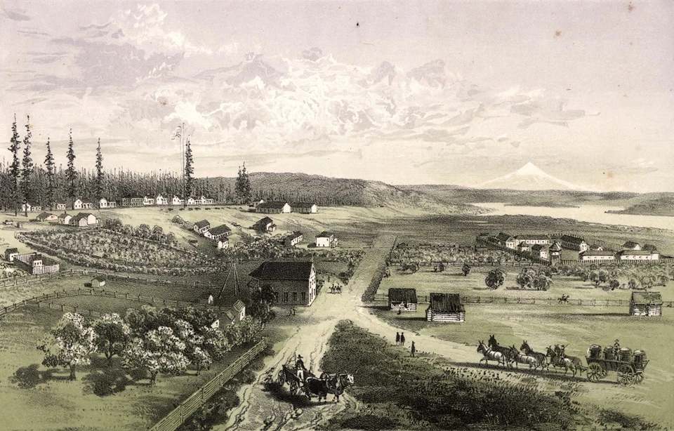 Fort Vancouver Sohon Lithograph showing the fort on a lower plain and a row of military buildings and cannons on a hill to the north.