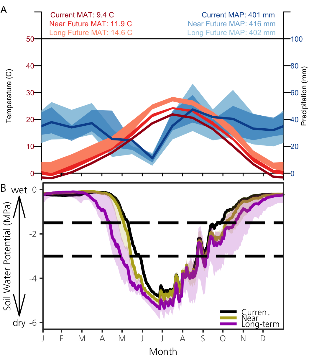 A vertical series of 2 graphs showing (top) climate patterns and daily estimates of soil moisture throughout an average year.