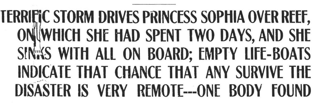 Sub Headline from The Alaska Daily Empire stating aftermath of Princess Sophia sinking.