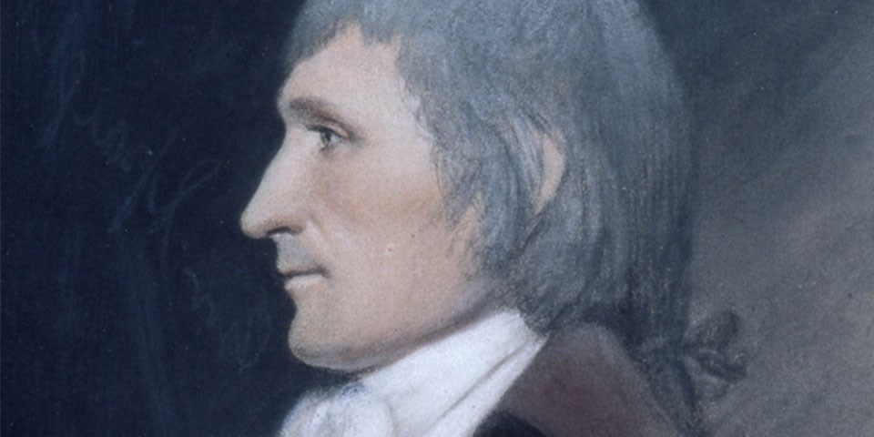Detail, color portrait of Richard Dobbs Spaight showing just his face.