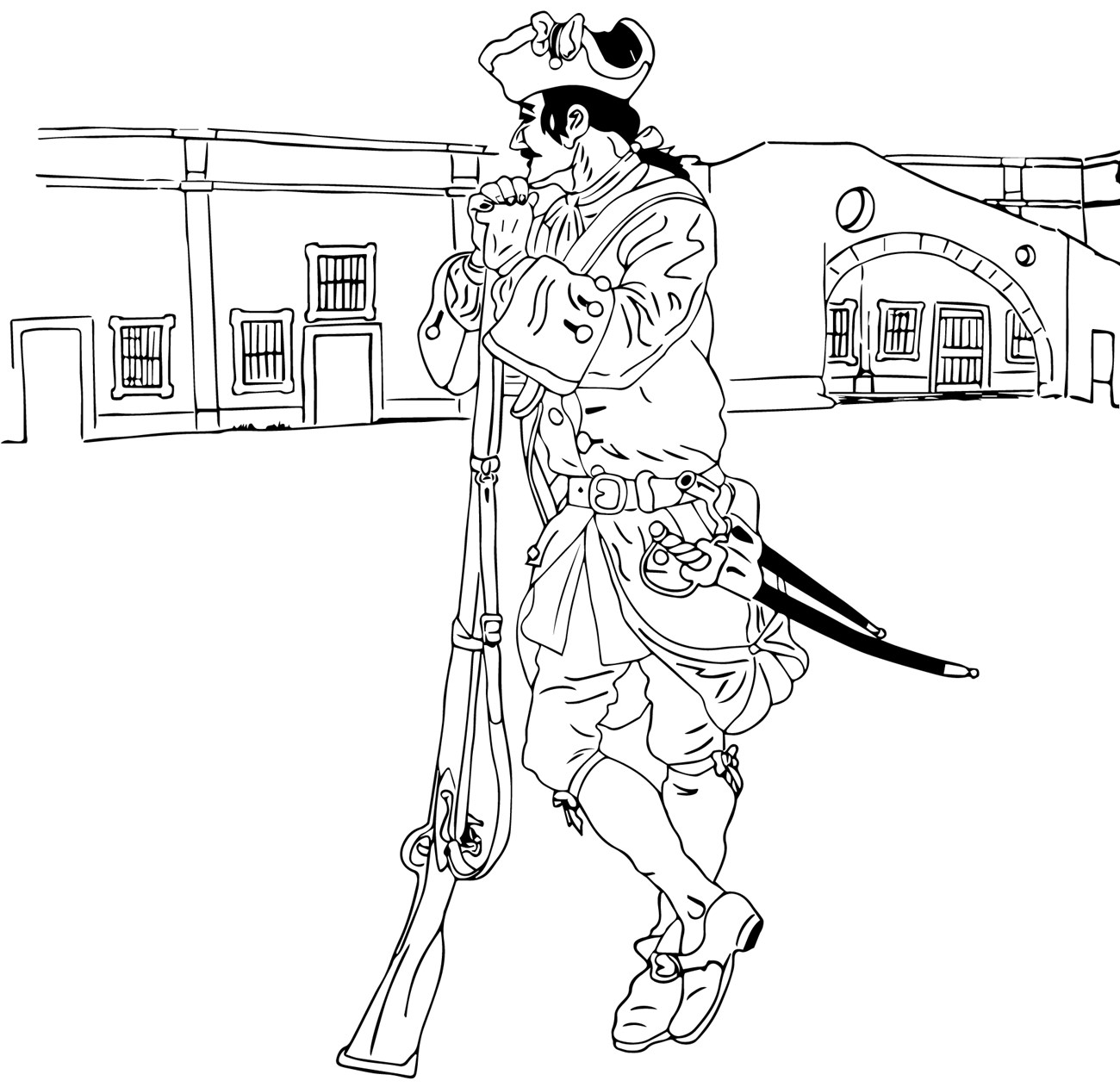 Coloring Page of Spanish Fusilier in 1750 in Castillo's courtyard.