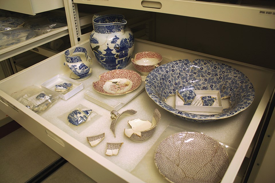 Archaeological spode ceramics in a drawer in the national park's curatorial storage area.