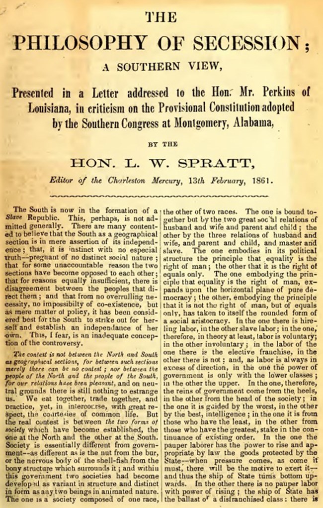 Leonidas Spratt's essay, titled The Philosophy of Secession, included the argument to reopen trans-Atlantic slave trade.