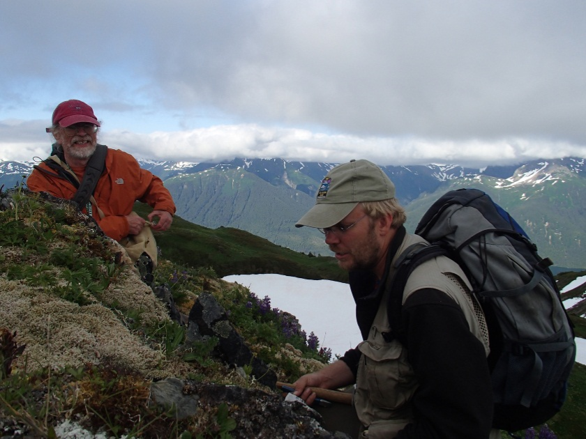 Lichens two people look at lichen on a rock on an alpine ridge