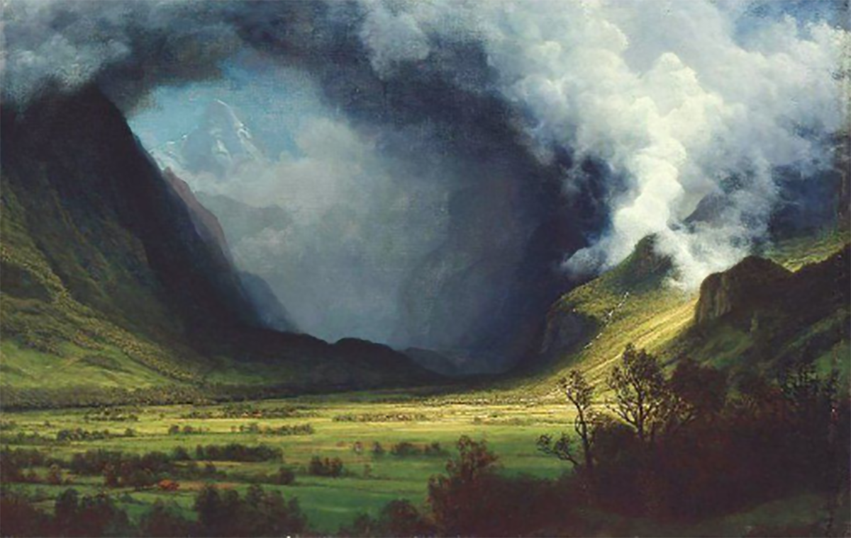 Painted scene of mountains in a storm