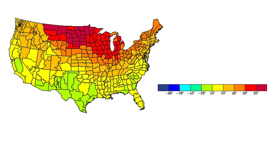 U.S. map color coded to show temperature