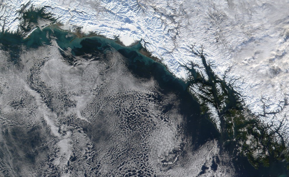aerial view of sea ice and alaska coast during winter storm