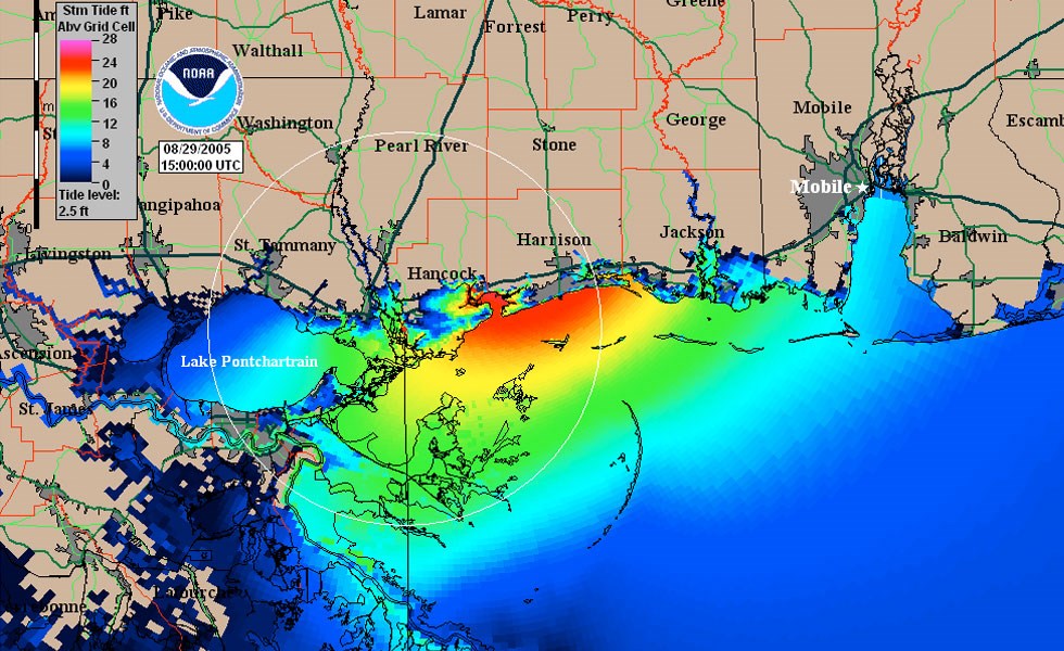 map illustration of Katrina storm surge at landfall along the gulf coast