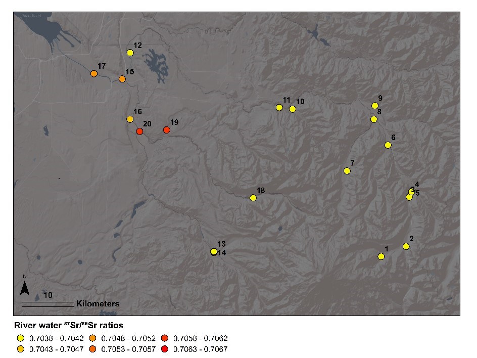Stronium isotope ratios map Map of sampling sites with each site colored based on its Stronium isotope ratio