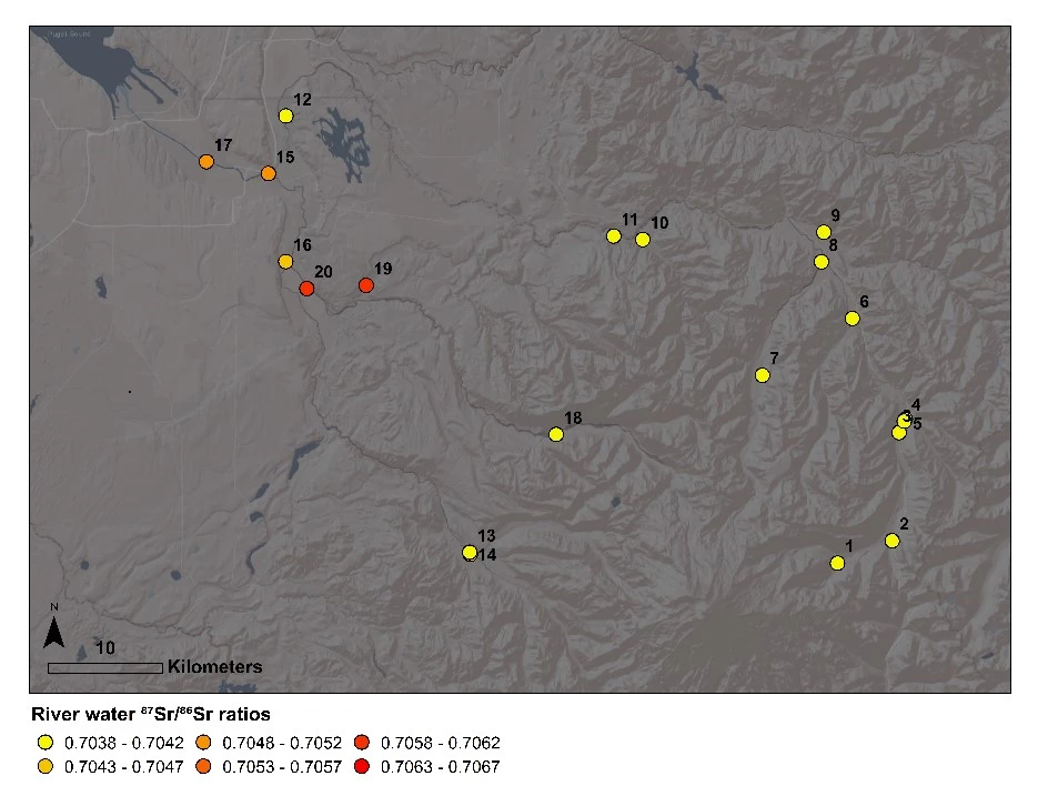 Stronium isotope ratios map Map of sampling sites with each site colored based on its Stronium isotope ratio