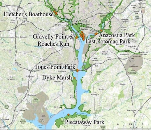 Map showing locations of interviews. Locations on the map are labeled Fletcher's Boathouse, Gravelly Point & Roaches Run, Anacostia Park, East Potomac Park, Jones Point Park, Dyke Marsh, and Piscataway Park. Each interview is marked by an orange diamond.