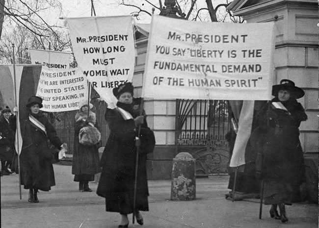 Women carry protest signs