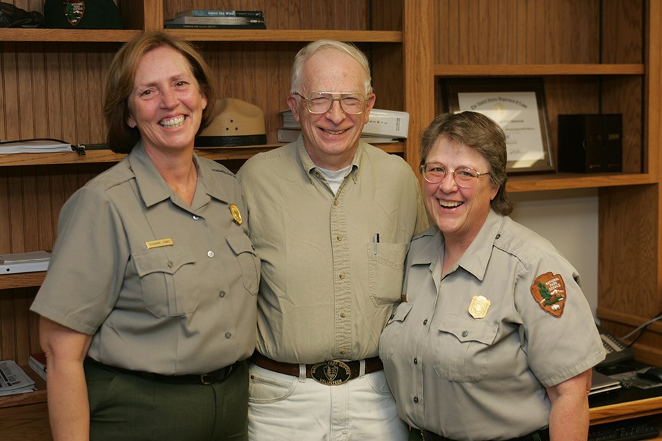Superintendent Suzanne Lewis and Cultural Resources Chief Ann Johnson presented John with The George and Helen Hartzog Enduring Service Award for his over 8,000 hours of volunteer work with the Yellowstone Archeology Program in 2012.