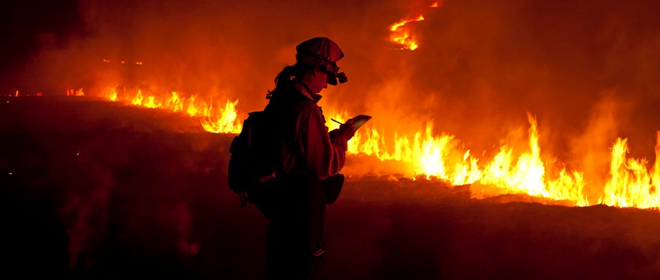 A woman takes notes near the edge of a fire line.