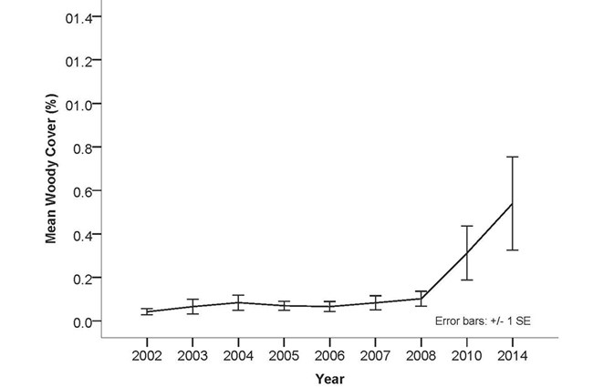 Graph of Mean Woody Cover at Tallgrass Prairie from 2002 to 2014