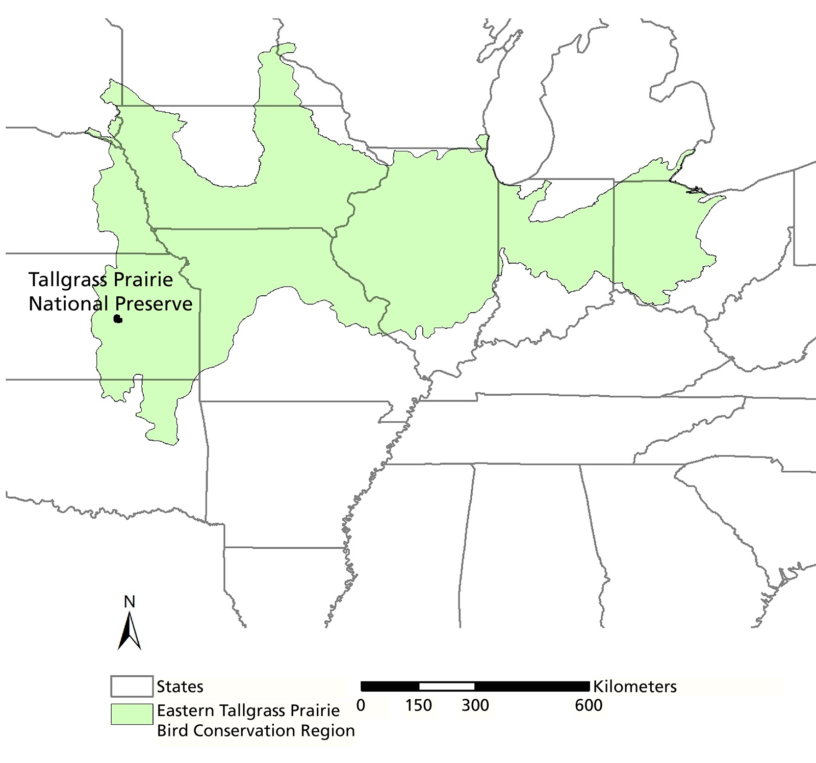 Eastern Tallgrass Prairie Bird Conservation Region A map of tallgrass prairie in the US stretching from central Kansas to central Ohio and the location of Tallgrass Prairie National Preserve is marked in central eastern Kansas