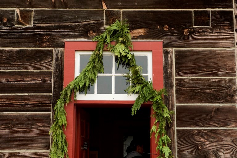 Decor at Christmas at Fort Vancouver Doorway at Fort Vancouver with greenery