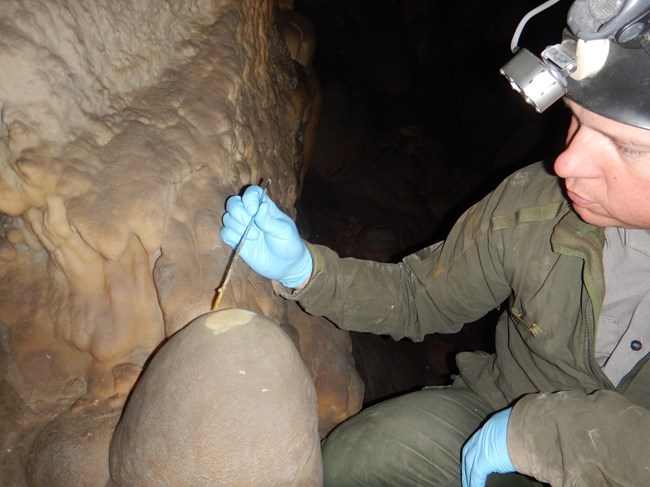 scientist applying epoxy to cave formation
