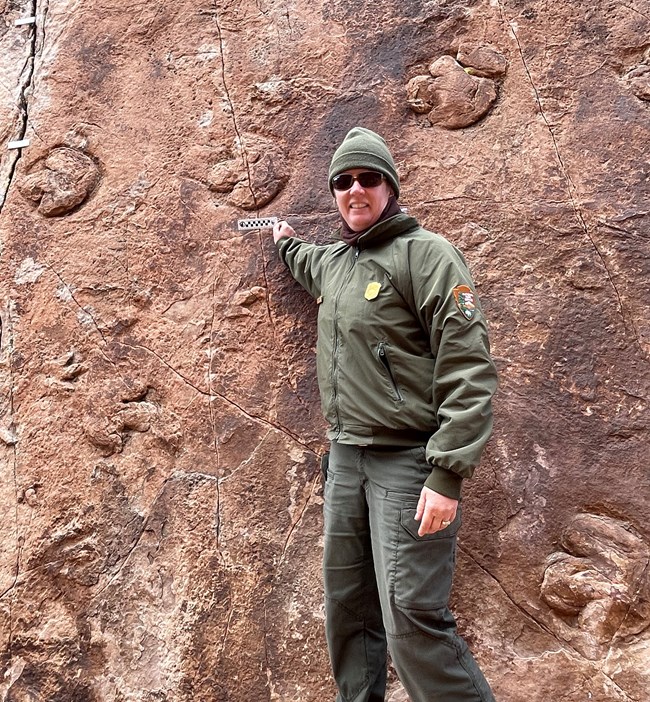 A park ranger stands next to large dinosaur footprints on side of rock wall.