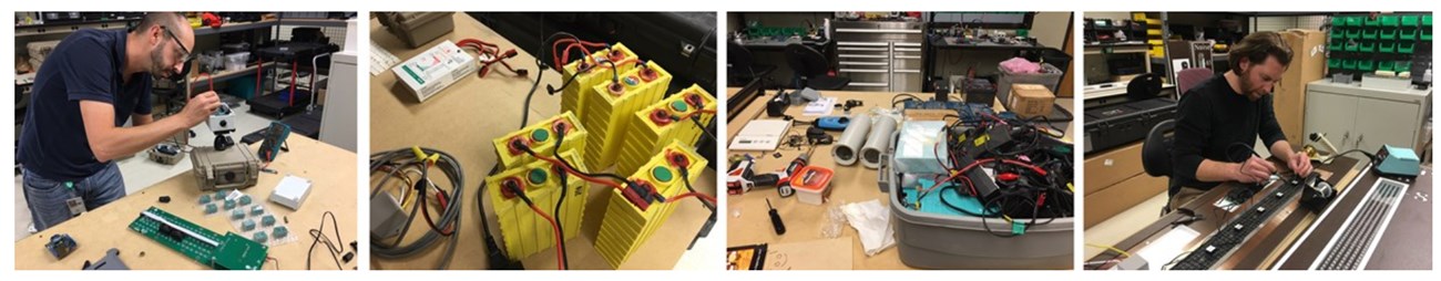 Photo strip features engineers working with soldering irons and other tools in the NPS Natural Sounds and Night Skies Division laboratory