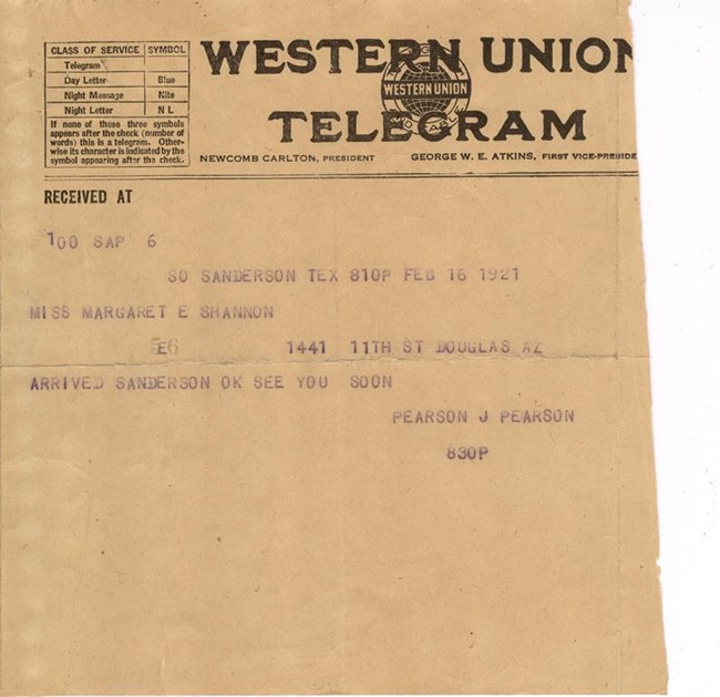 Pearson telegram Western Union Telegram reading "Miss Margaret E. Shannon 1441 11 St Douglas AZ Arrived Sanderson OK See you soon Pearson J Pearson