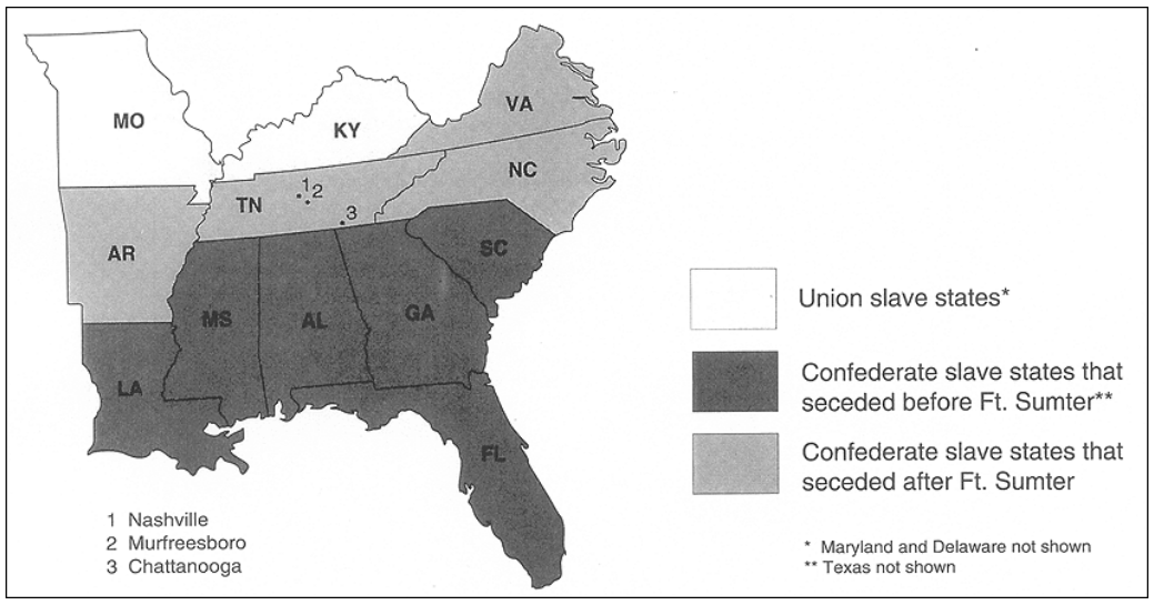 Map of the Southeastern United States depicting Tennessee as a Confederate state bordered by Union slave states Missouri and Kentucky