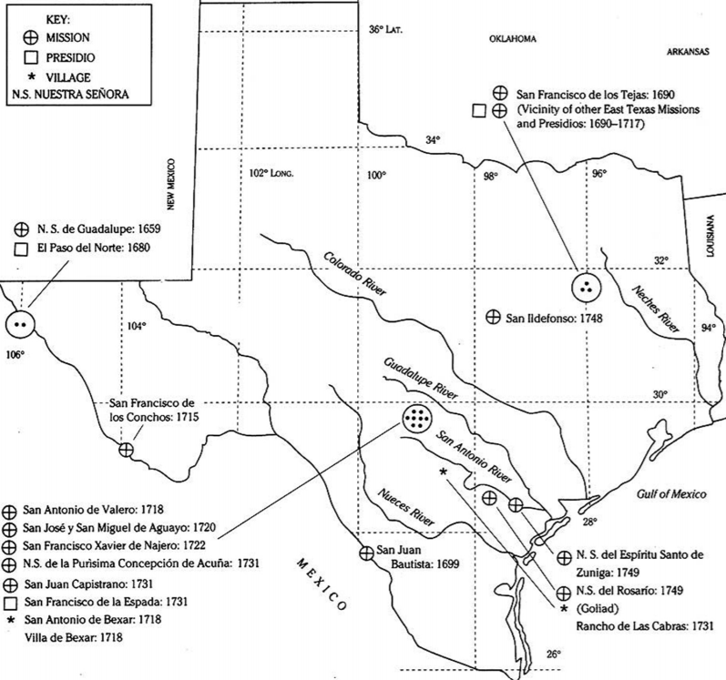Map of Texas depicting rivers and mission sites