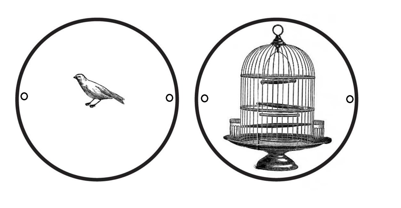 black and white drawing of two circles side-by-side. One circle has a bird in it, the other a cage.