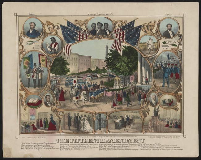 political cartoon depicting celebrations of the 15th Amendment