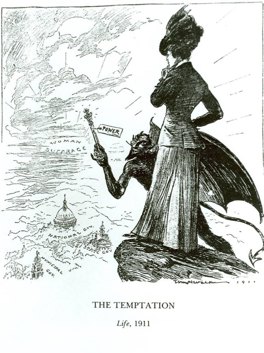 A woman looks at a land in the distance labeled "Woman Suffrage." Her expression is pensive. Between are buildings labeled "National Gov.," "State Gov.," and "Municipal Gov." The devil crouches in front of the woman and holds up a scepter labeled "power."