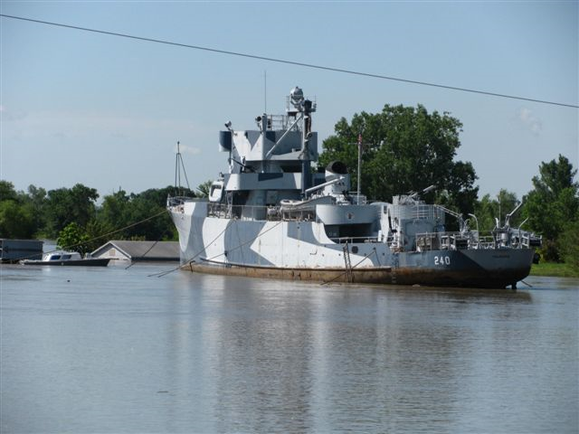 White boat in the water.