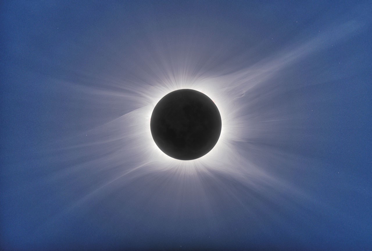 The moon blocks the sun's light to earth in this view of a total eclipse of the sun.