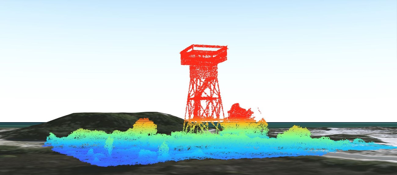 A heat map where color represents height; the image shows a observation tower.