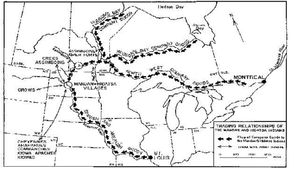 1 route shows flow of European goods to the Mandan & Hidatsa Indians. 2nd route shows trade with other Indians.