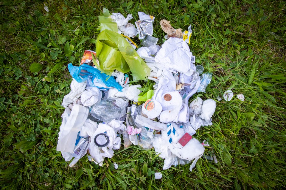 A pile of gathered trash and debris on a patch of green grass