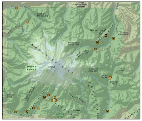 Map of Mount Rainier National Park with locations of forest plots marked with yellow squares.