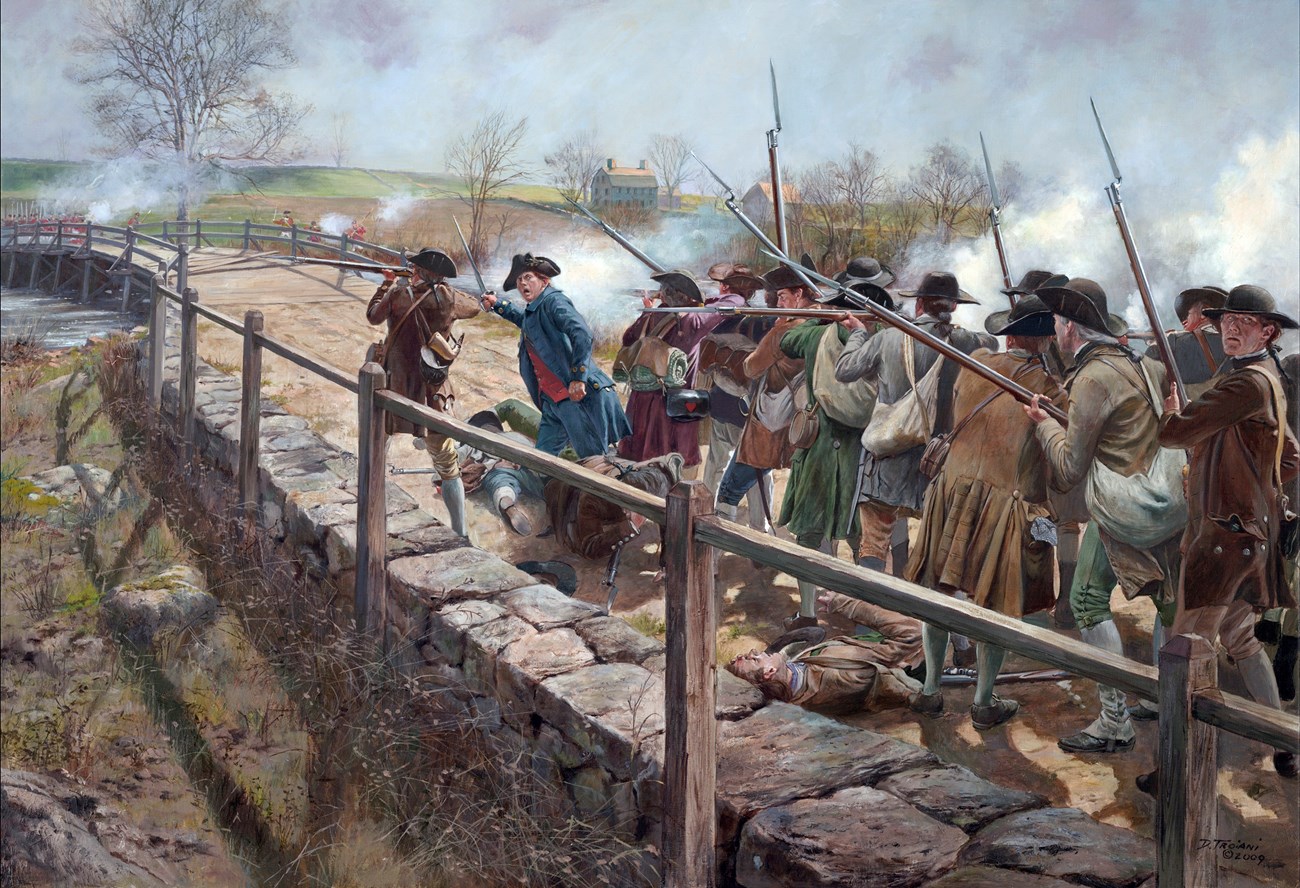 Painting of group of men on a bridge.