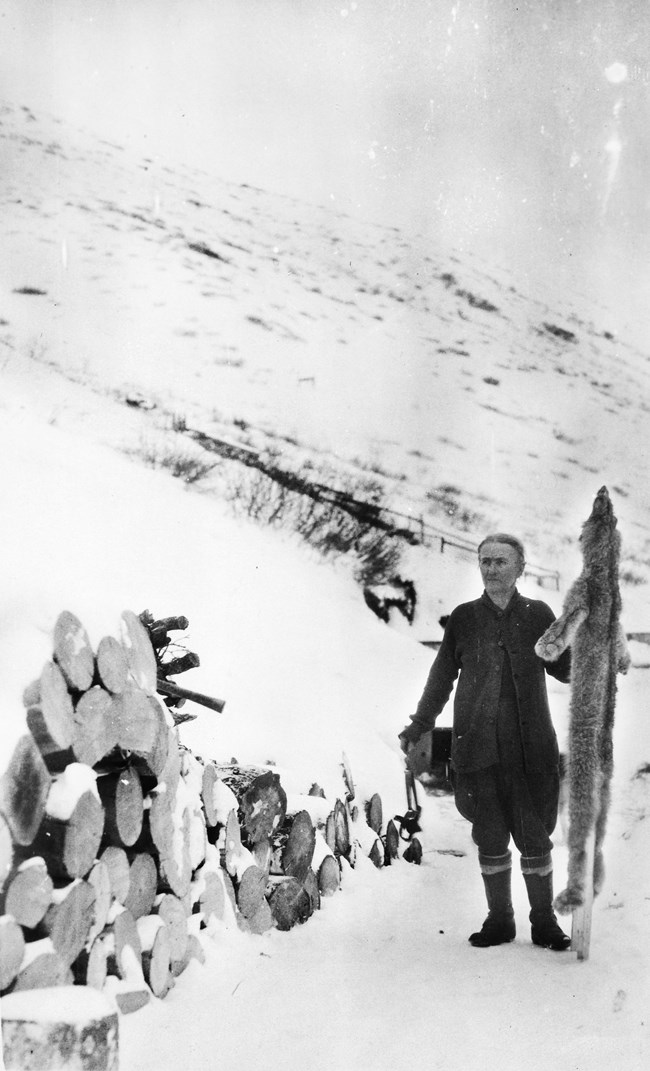 a woman holding a lynx pelt that is as long as she is tall