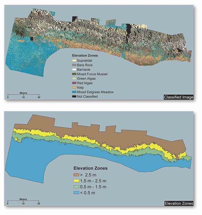 A pair of maps, the top map shows an orthomosaic image taken by a UAS, and the lower image shows the coded elevation zones based on the imagery.
