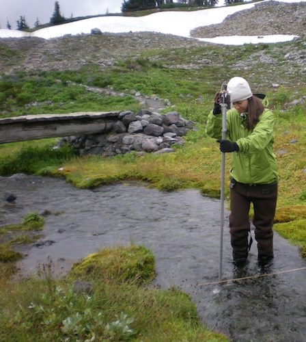 A woman wades in a small stream holding a measuring tool into the water.