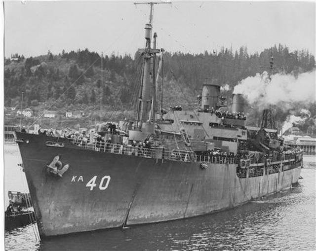 USS Scania AKA-40 black and white photo of large ship