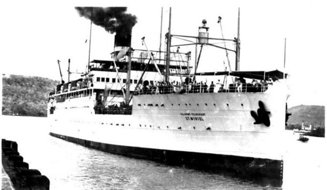 USS St. Mihiel hospital ship black and white photo of large ship
