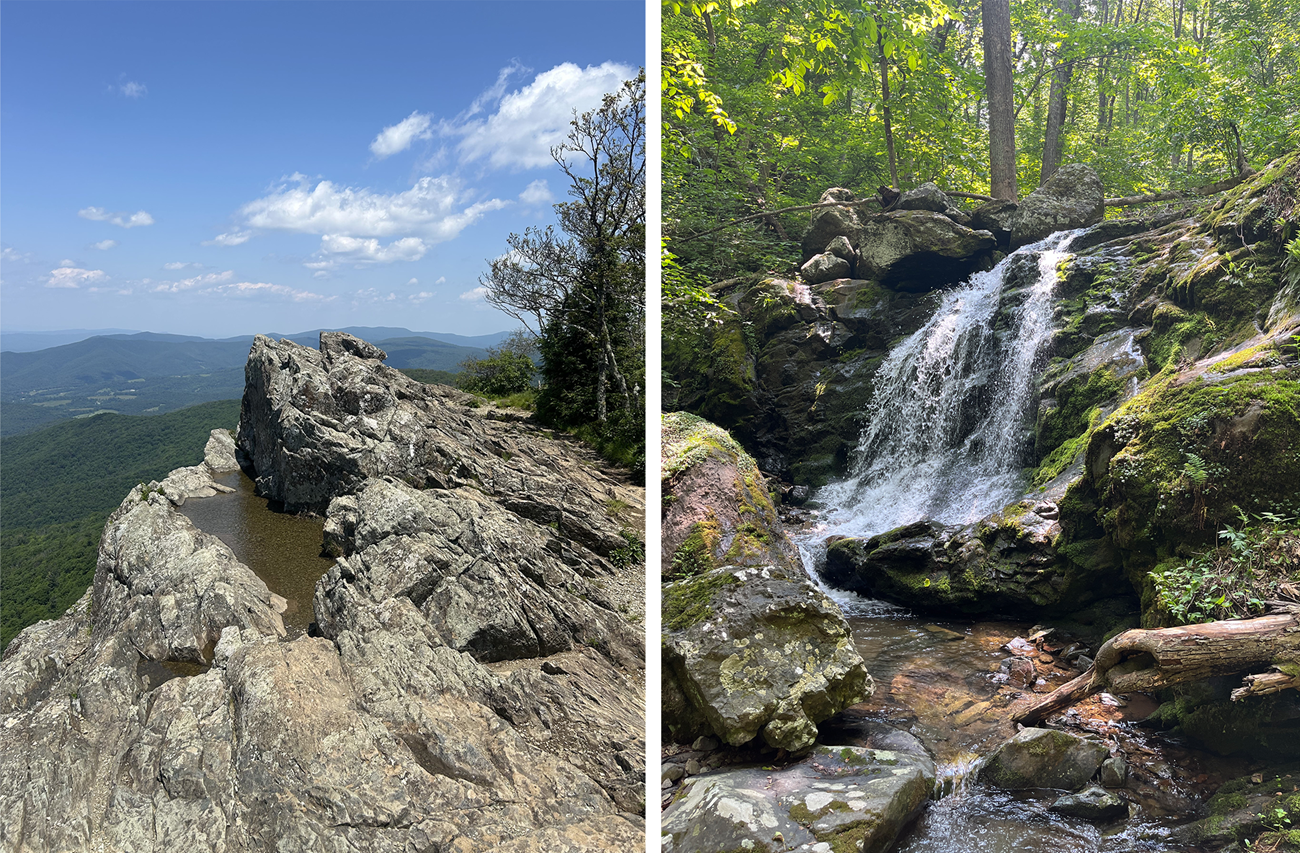 Two images showing a rock outcrop overlooking forested hills and a waterfall cascading over moss-covered rocks in a lush forest.