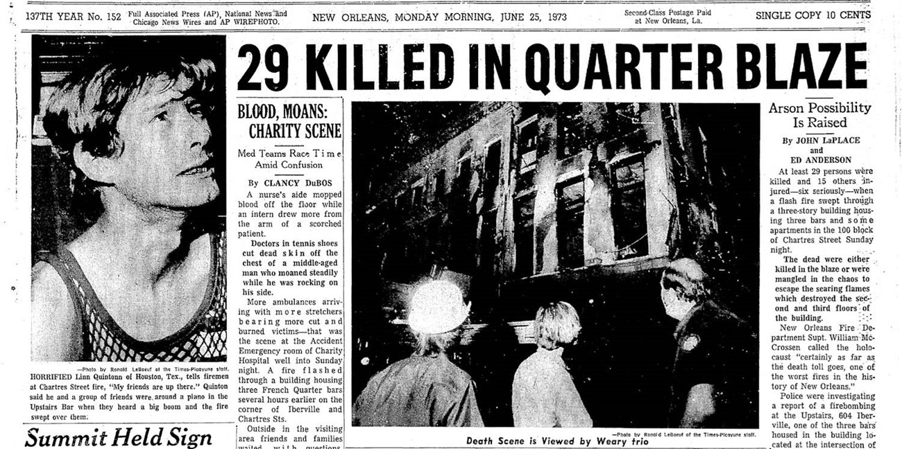 Newspaper headline, "29 Killed in Quarter Blaze"