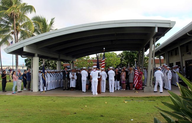 Group stands in ceremony to celebrate US Navy birthday.